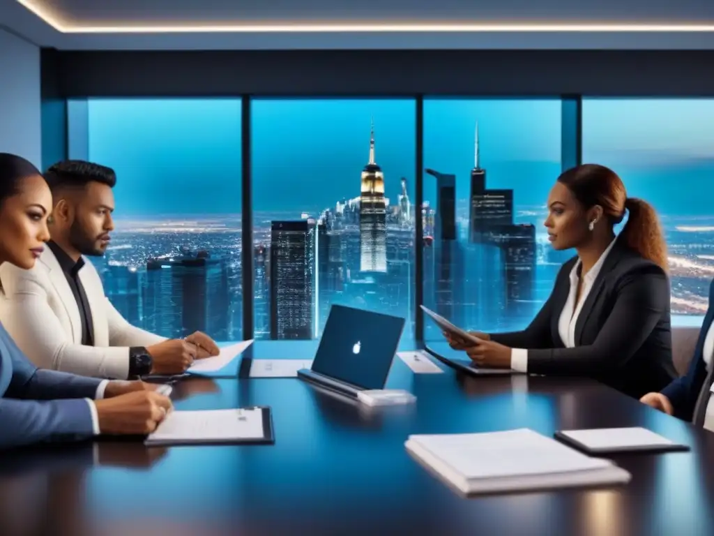 Inversionistas analizan gráficos financieros en sala ultramoderna Un grupo diverso de inversores analiza gráficos financieros en sala de juntas ultramoderna con vista nocturna de la ciudad