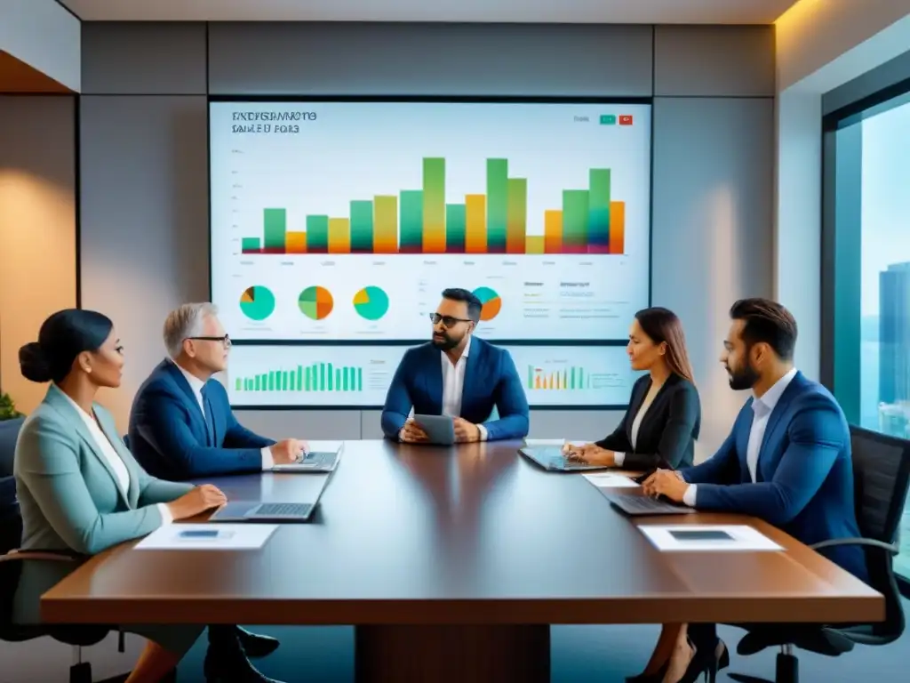 Análisis de dividendos REIT: Inversores enfocados en sala de juntas Un grupo diverso de inversores analiza con determinación gráficos de dividendos de REITs internacionales 2021 en una moderna sala de juntas iluminada