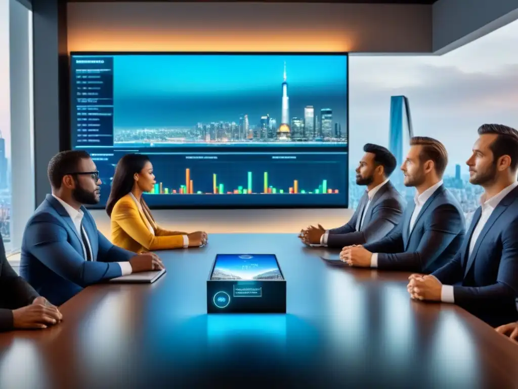 Inversores analizan mercado inmobiliario global en holograma futurista Grupo diverso de inversores analizando holograma con tendencias mundiales del mercado inmobiliario en sala de juntas moderna