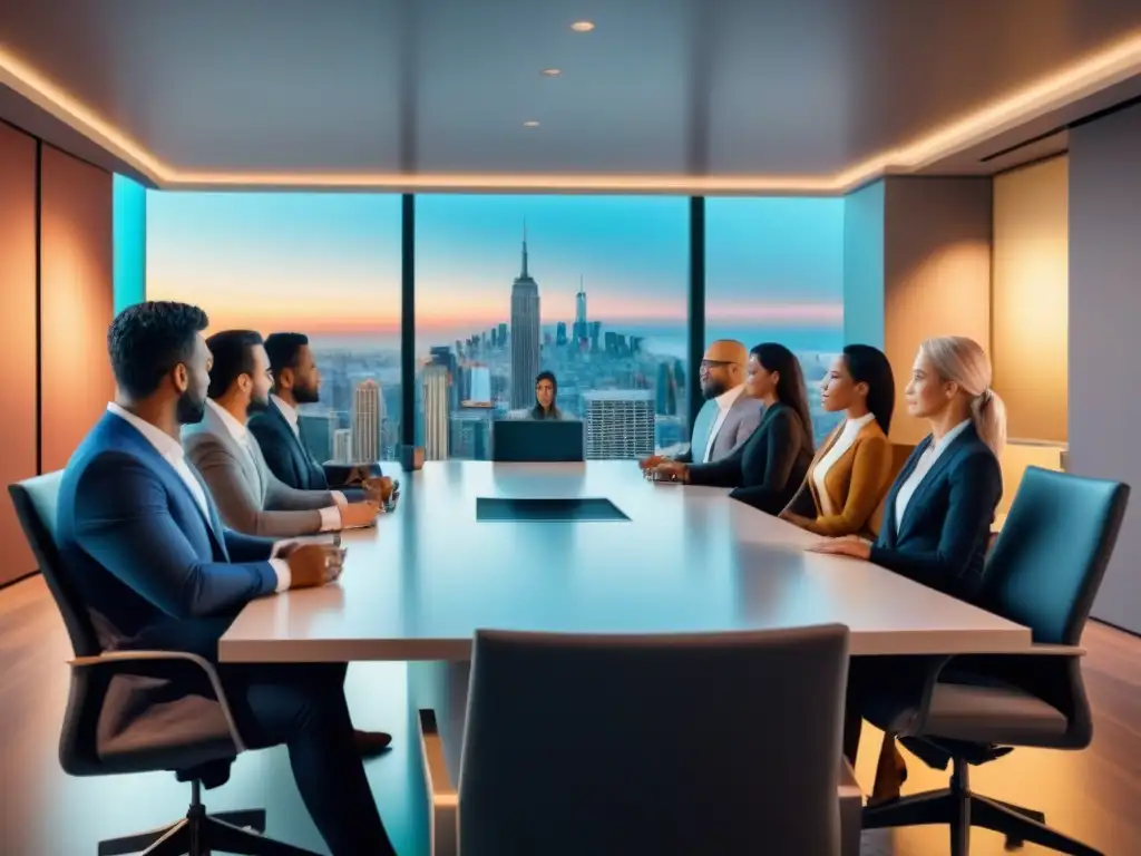 Reunión estratégica de inversores inmobiliarios exitosos en sala futurista Grupo diverso de inversores inmobiliarios exitosos planificando estrategias en sala futurista con vista a la ciudad de noche