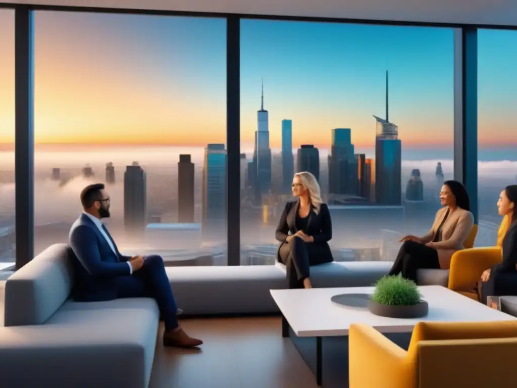 Inversores inmobiliarios: colaboración y expertise en un coworking moderno Un grupo diverso de inversores inmobiliarios discutiendo en un espacio coworking moderno con tecnología de vanguardia y vista a la ciudad