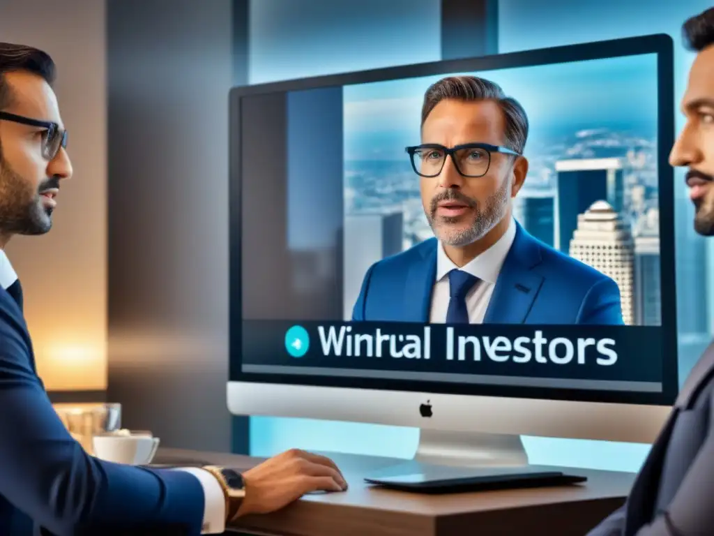Inversores inmobiliarios internacionales en webinar de lujo Un grupo diverso de inversores inmobiliarios internacionales participa en un webinar profesional y sofisticado