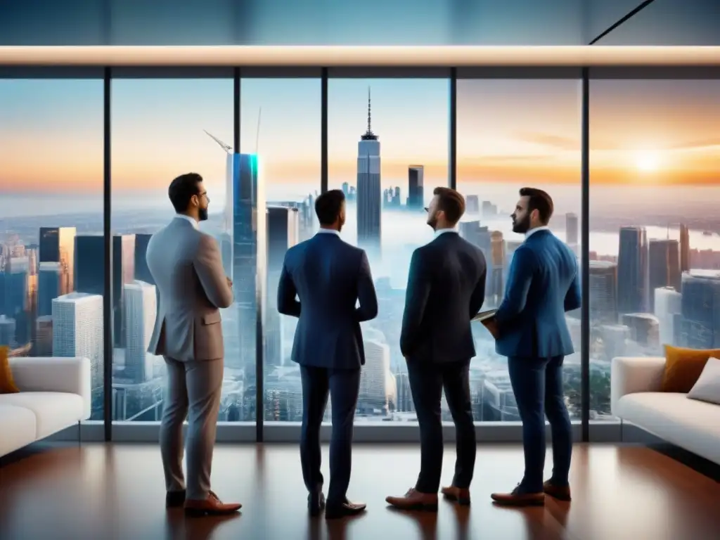 Inversores internacionales colaboran en holograma inmobiliario Un grupo diverso de inversores inmobiliarios internacionales se reúne en una oficina moderna, discutiendo sobre propiedades en un holograma
