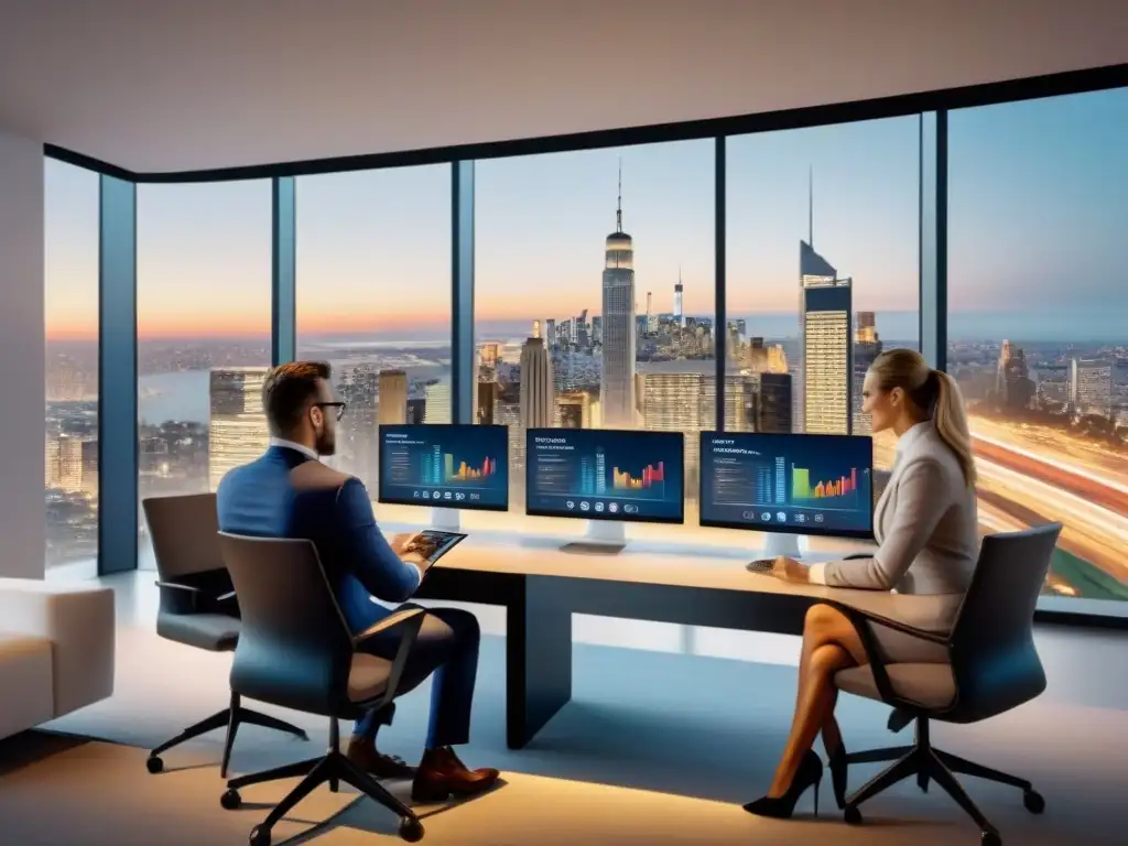 Inversionistas inmobiliarios en acción: colaboración e innovación Grupo diverso de inversores inmobiliarios colaborando en una oficina moderna con vista a la ciudad