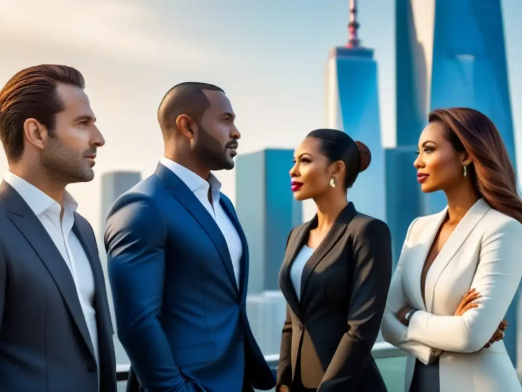 Inversores inmobiliarios internacionales en skyline futurista Grupo diverso de inversores inmobiliarios frente a skyline futurista, transmitiendo confianza y experticia