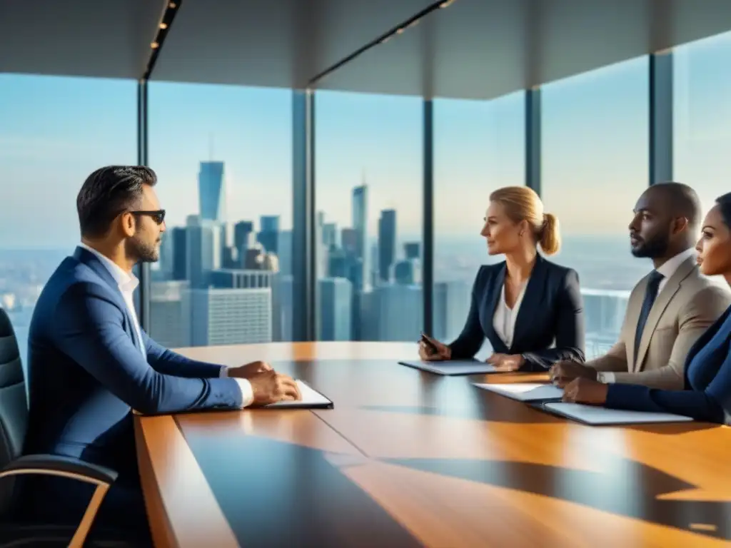 Inversores internacionales en mesa de reuniones moderna Un grupo diverso de inversores inmobiliarios internacionales discuten normativas seguridad en una moderna sala de juntas con vista a la ciudad
