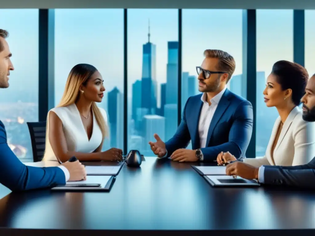 Inversores inmobiliarios internacionales en reunión estratégica Un grupo diverso de inversores inmobiliarios internacionales discuten regulaciones en un elegante y moderno salón de reuniones con vista a la ciudad