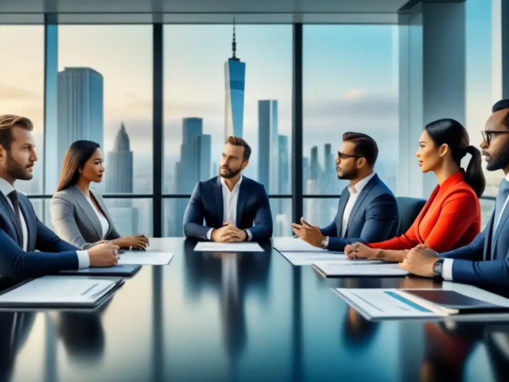 Inversores internacionales debaten en oficina de alta tecnología Grupo diverso de inversores inmobiliarios internacionales discutiendo regulaciones en oficina de alto nivel con vista a la ciudad