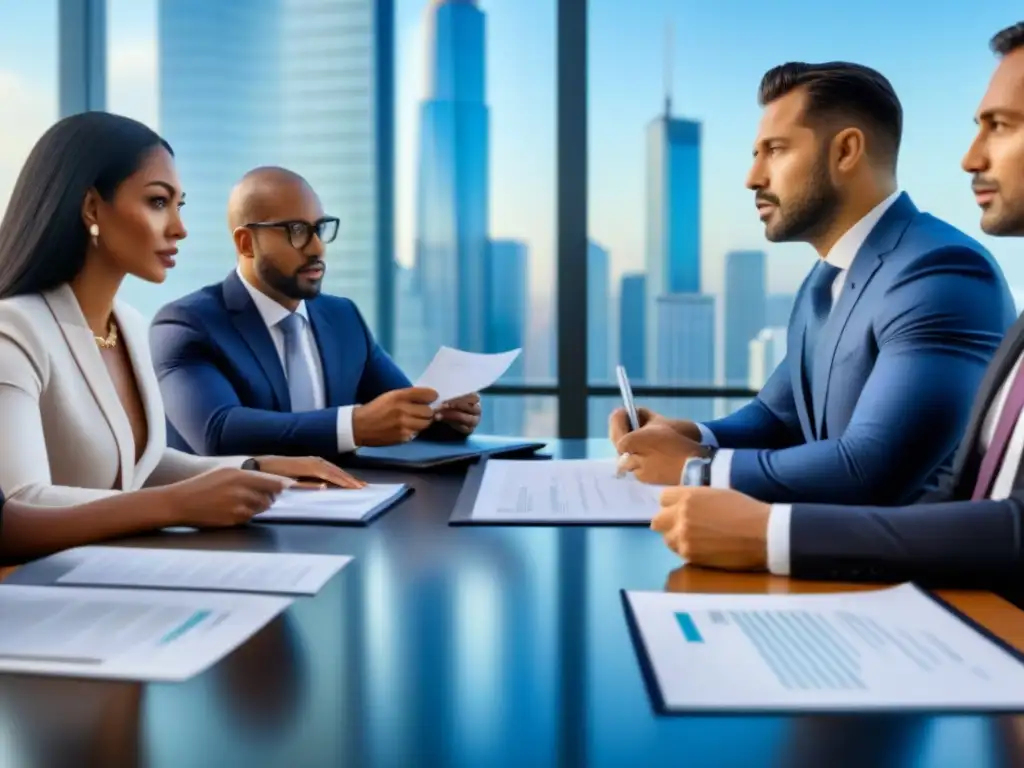 Inversores inmobiliarios internacionales revisando documentos legales en moderna oficina Grupo diverso de inversores inmobiliarios internacionales revisando documentos legales en oficina moderna