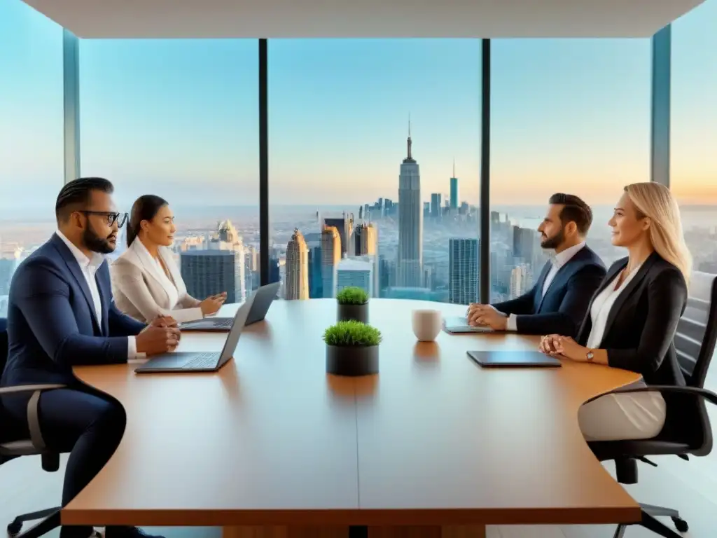 Inversores internacionales en reunión estratégica de bienes raíces Un grupo diverso de inversores inmobiliarios internacionales en una sala de juntas moderna, discutiendo normativas de inversión