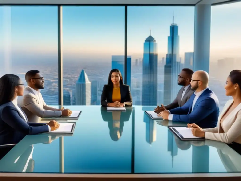 Inversores internacionales en sala de reuniones moderna Un grupo diverso de inversores inmobiliarios internacionales discute ética en una sala de reuniones moderna con vistas a la ciudad