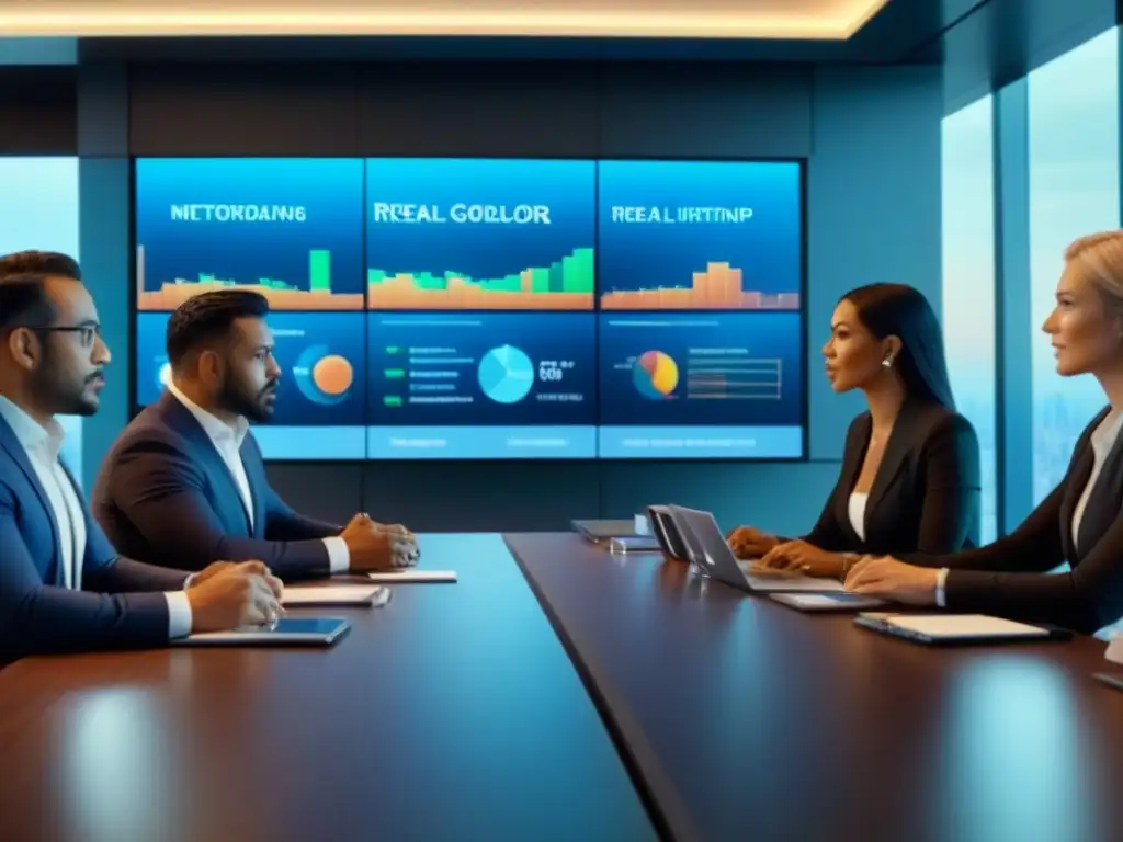 Un grupo diverso de inversores inmobiliarios internacionales en una sala de juntas moderna, discutiendo tendencias de mercado