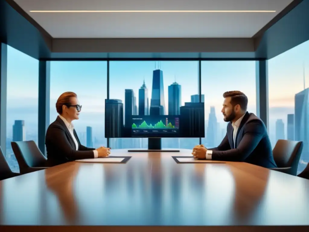 Inversionistas exitosos planificando el futuro inmobiliario Un grupo diverso de inversores inmobiliarios exitosos discuten estrategias en una sala de juntas moderna con datos de mercado