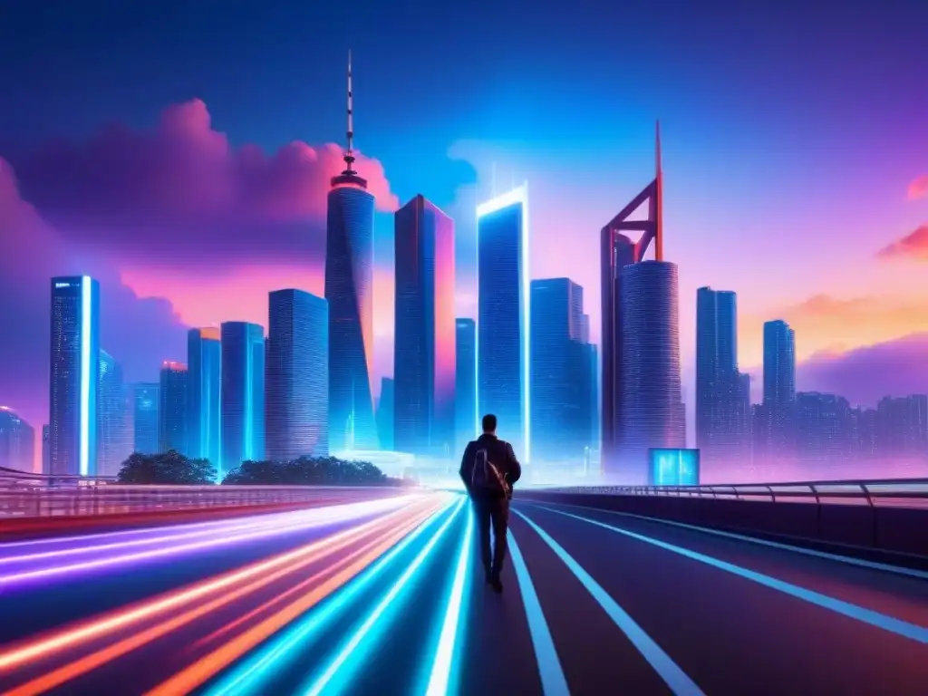 Inversores diversificados debaten cripto en ciudad futurista Un grupo diverso de inversores discute sobre invertir en inmuebles con criptomonedas en una ciudad futurista iluminada por luces de neón