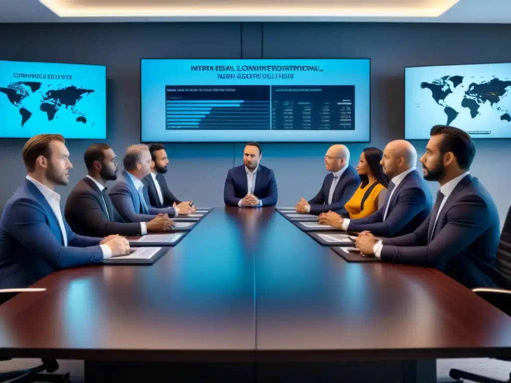 Inversionistas internacionales en sala de juntas: decisiones globales Grupo diverso de inversores internacionales en una junta discutiendo sobre inversiones inmobiliarias globales, rodeados de tecnología