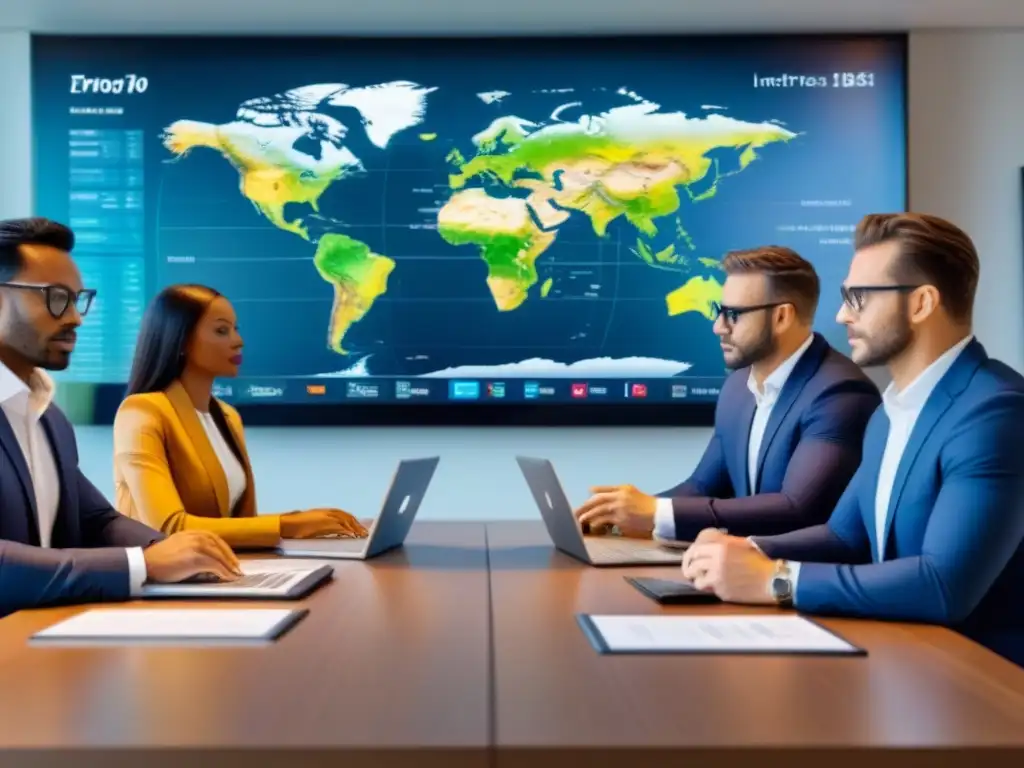 Inversionistas globales en acción Un grupo diverso de inversores internacionales realiza due diligence inmobiliaria en una sala de juntas moderna y tecnológica