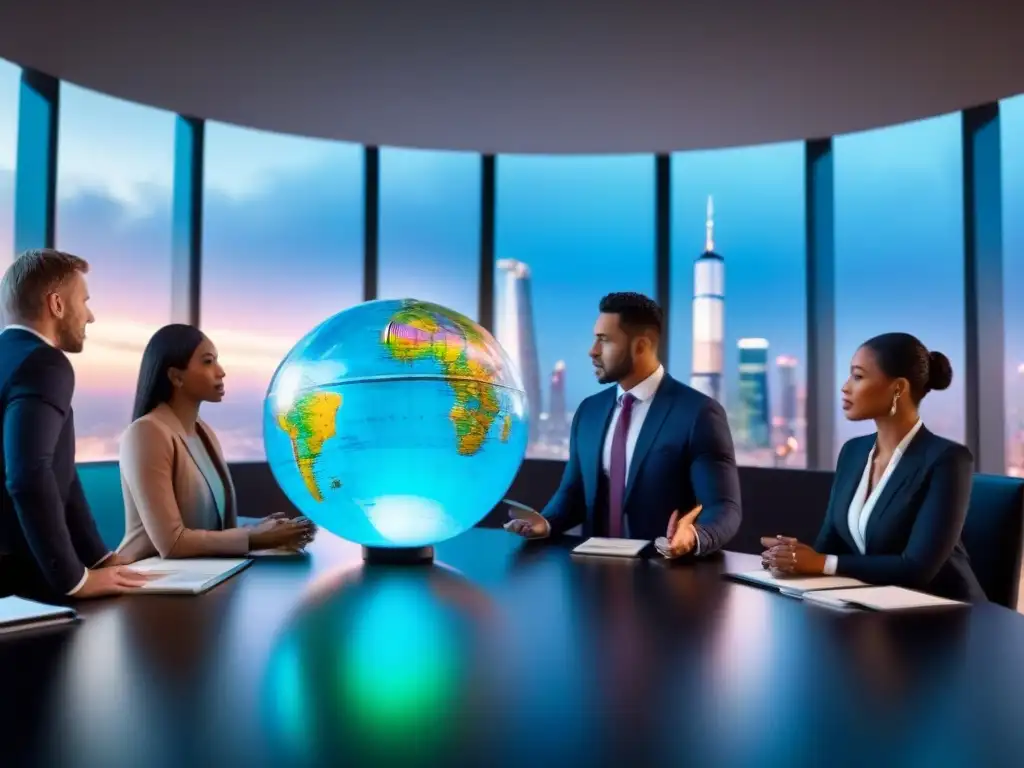 Inversores internacionales debatiendo junto a un globo holográfico en una sala de juntas futurista Grupo diverso de inversores internacionales discutiendo frente a un holograma de fluctuaciones de divisas, con impacto en inversiones inmobiliarias