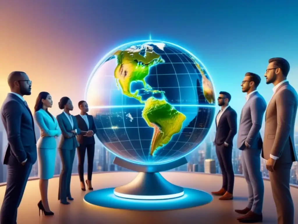 Inversionistas globales diversificados analizan mercado inmobiliario mundial en holograma Grupo diverso de inversores internacionales discutiendo estrategias inmobiliarias globales frente a un globo holográfico futurista y datos del mercado inmobiliario