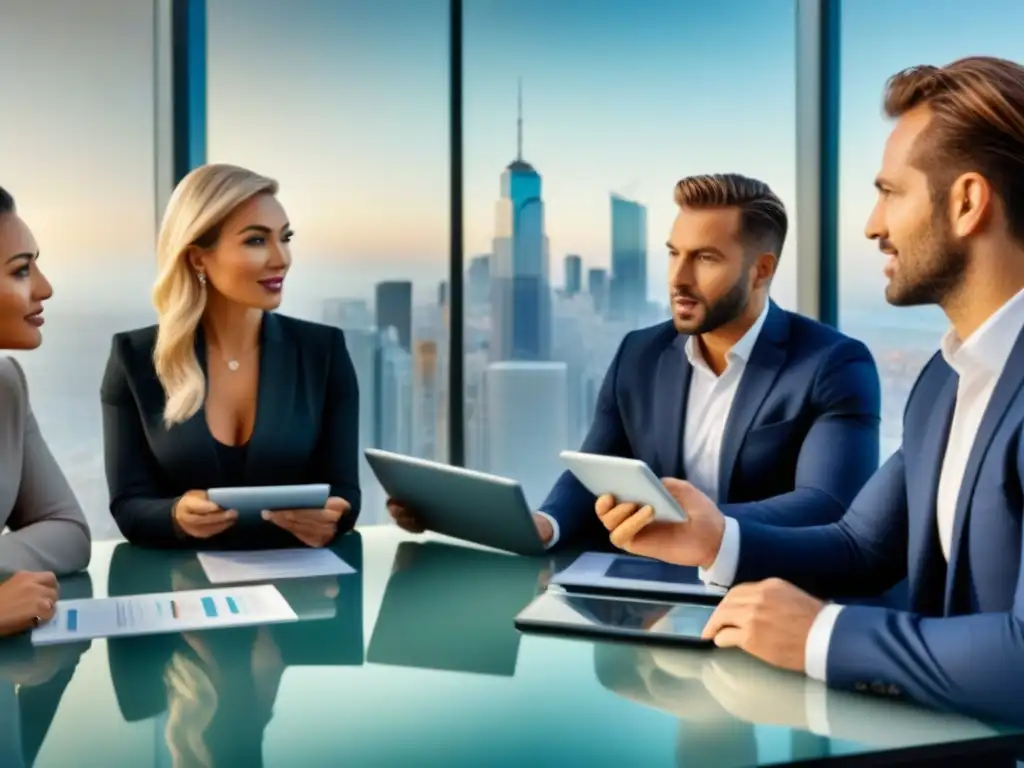 Inversores internacionales debaten estrategias en moderna sala de juntas Un grupo diverso de inversores internacionales discuten inversiones inmobiliarias en una moderna sala de juntas con vista a la ciudad