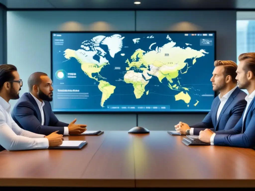 Inversores internacionales resolviendo disputa inmobiliaria global Un grupo diverso de inversores internacionales resuelve disputas de propiedad con la guía de un mediador, en un entorno moderno y tecnológico