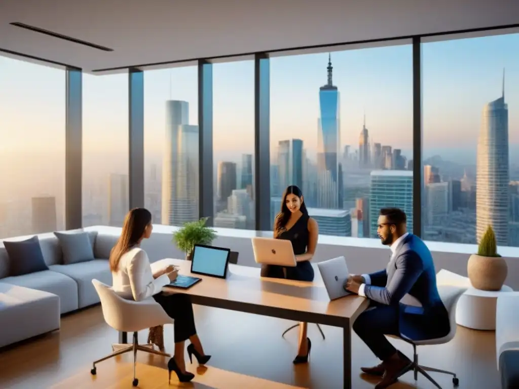 Inversores internacionales colaboran en proyecto inmobiliario global Un grupo diverso de inversores internacionales colaborando en un proyecto de crowdfunding inmobiliario en una oficina moderna, con vista a la ciudad