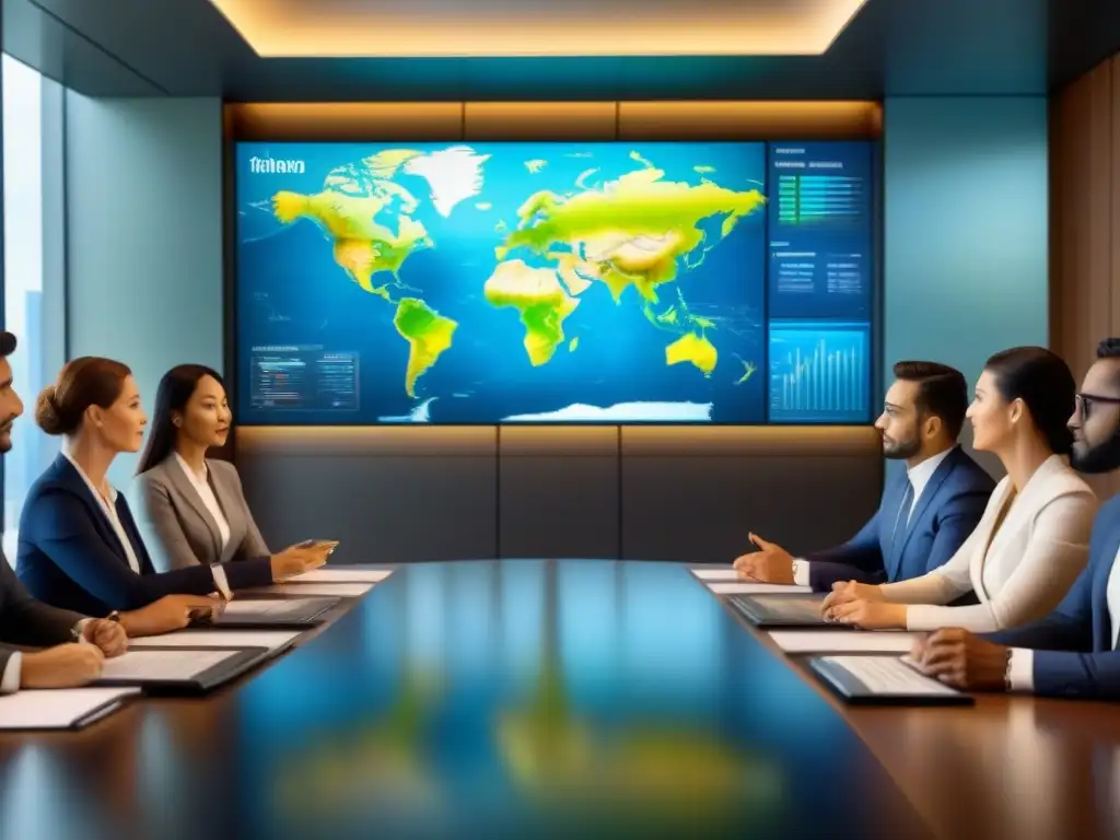 Inversores globales en sala de reuniones de alta tecnología Un grupo diverso de inversores internacionales discute estrategias de Invertir en REITs internacionales en una sala de juntas moderna y sofisticada