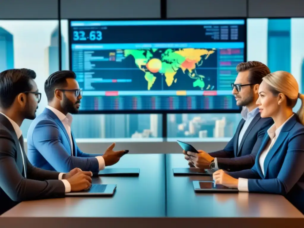 Inversores internacionales en sala de juntas moderna Un grupo diverso de inversores internacionales en una sala de juntas moderna, discutiendo estrategias con gráficos financieros