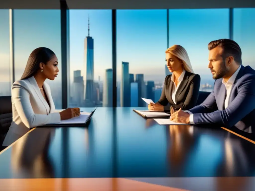 Inversores internacionales en reunión estratégica de mercado inmobiliario Grupo diverso de inversores internacionales en reunión estratégica en moderno salón de negocios con vista a la ciudad