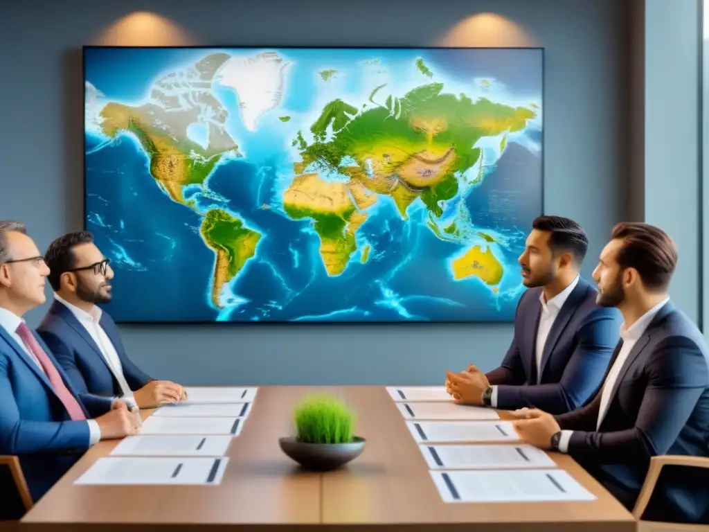 Inversores internacionales debatiendo leyes de sucesión inmobiliaria Un grupo diverso de inversores internacionales discute ley de sucesión inmobiliaria en una sala profesional, con un mapa mundial en la pared