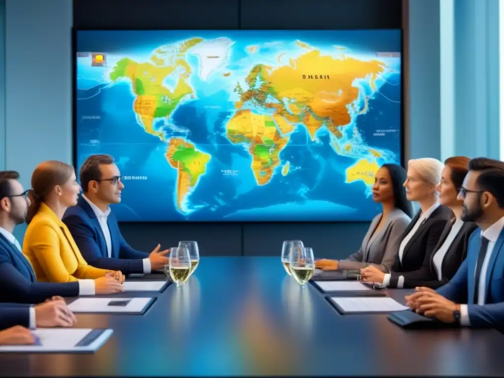 Inversionistas internacionales en sala de juntas: colaboración global Un grupo diverso de inversores internacionales en una sala de juntas moderna discutiendo regulaciones alquiler Europa inversores extranjeros