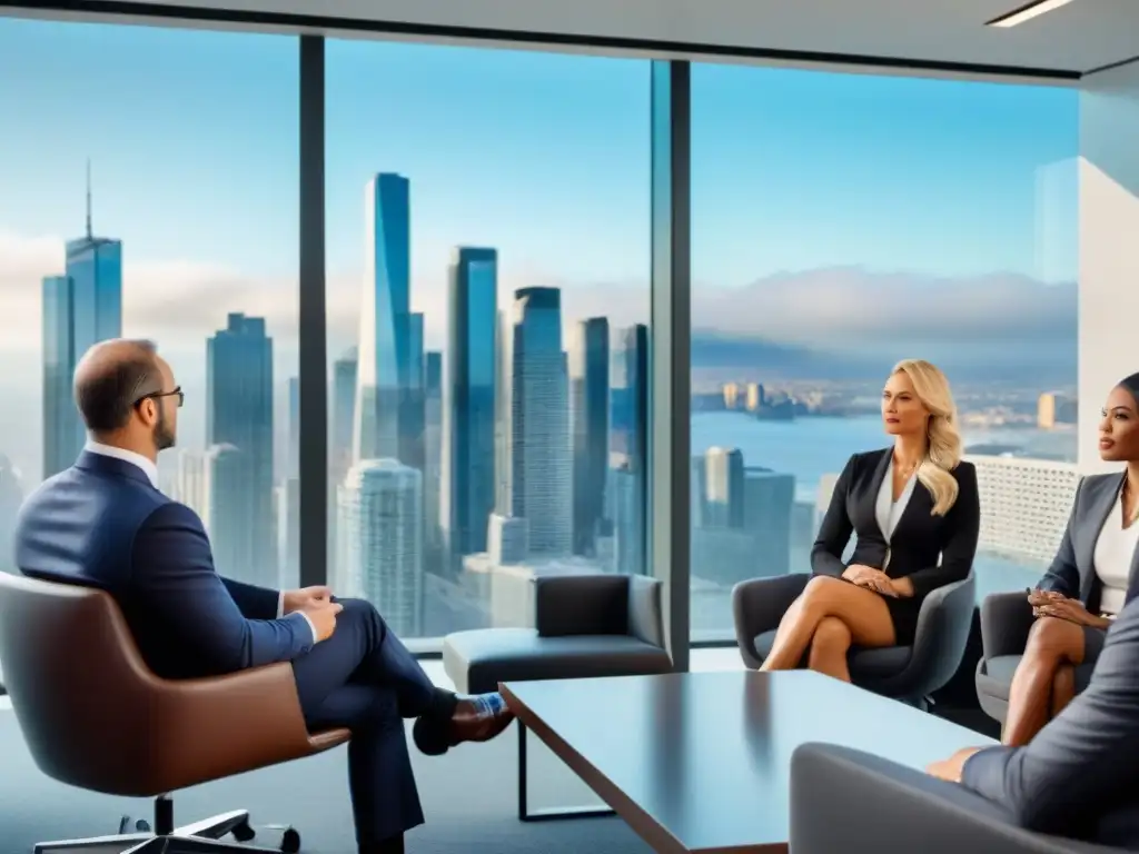 Inversionistas internacionales debaten estrategias con asesores legales en oficina moderna Un grupo diverso de inversores internacionales discute estrategias con asesores legales en una oficina moderna
