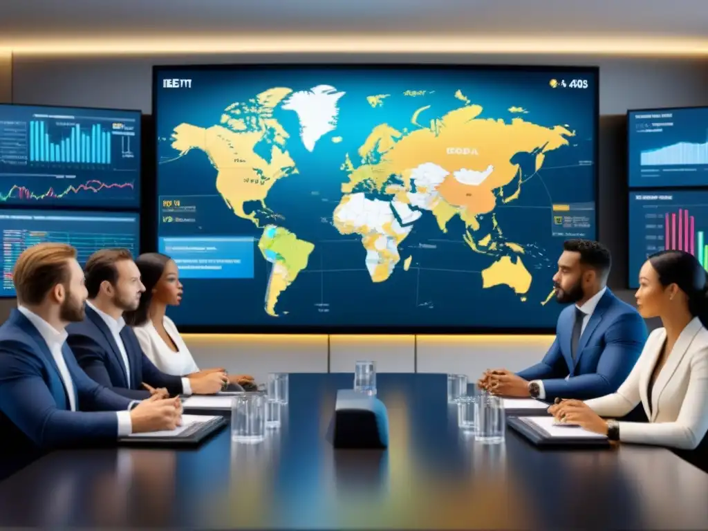 Inversores internacionales debaten sobre REITs en sala de juntas moderna Grupo diverso de inversores internacionales en reunión de alto nivel con gráficos globales