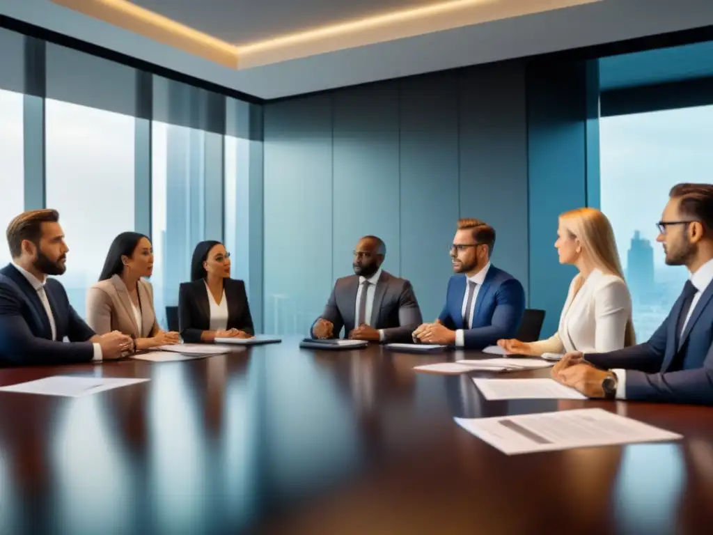 Inversores internacionales analizan inversiones en REITs Un grupo diverso de inversores internacionales en una sala de juntas discutiendo implicaciones legales de REITs internacionales