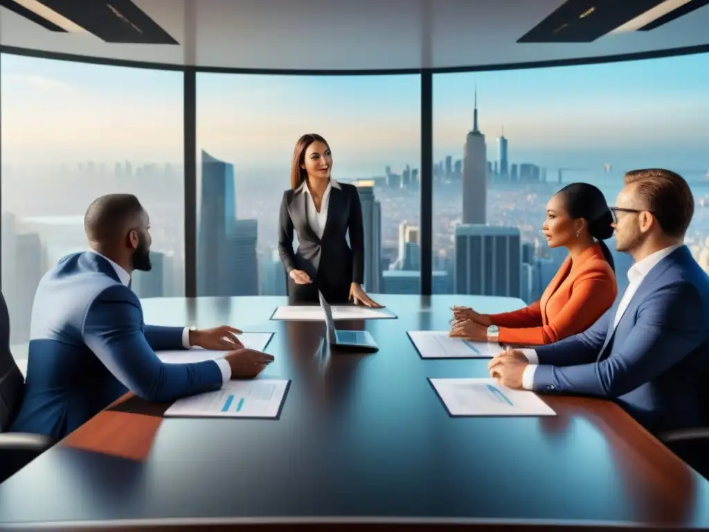 Inversionistas internacionales en sala de juntas moderna Un grupo diverso de inversores internacionales discute oportunidades de tiempo compartido en un moderno salón ejecutivo con vista a la ciudad