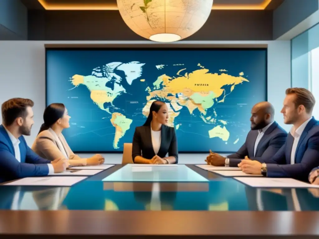 Inversores globales debatiendo en mesa moderna Un grupo diverso de inversores internacionales discuten regulaciones de tiempo compartido en una sala moderna e iluminada