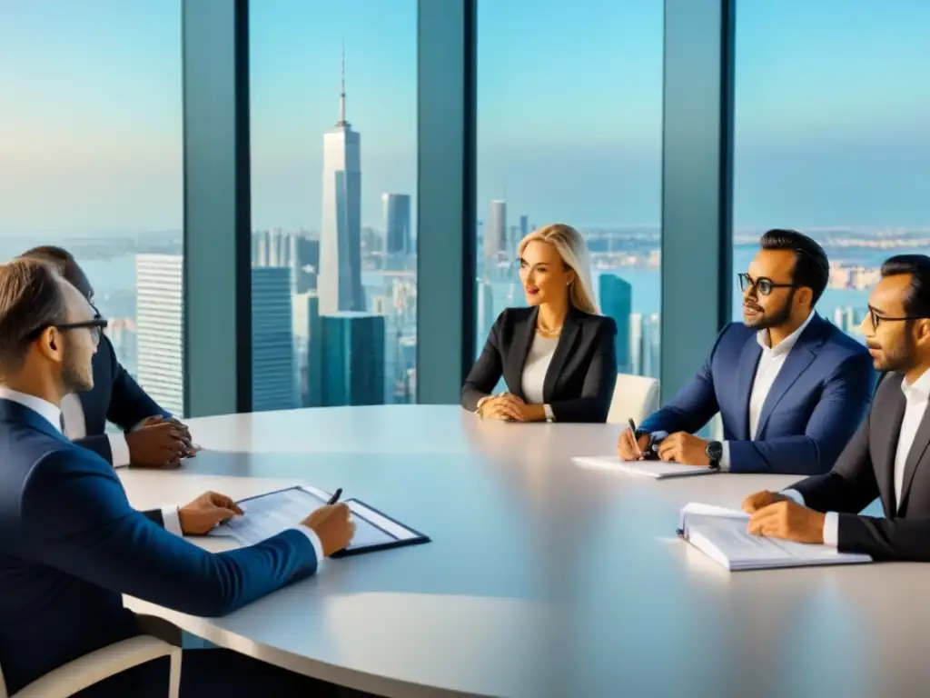 Inversionistas globales debaten beneficios fiscales de hipotecas Un grupo diverso de inversores internacionales discute beneficios fiscales de hipotecas en una elegante sala de reuniones con vista a la ciudad