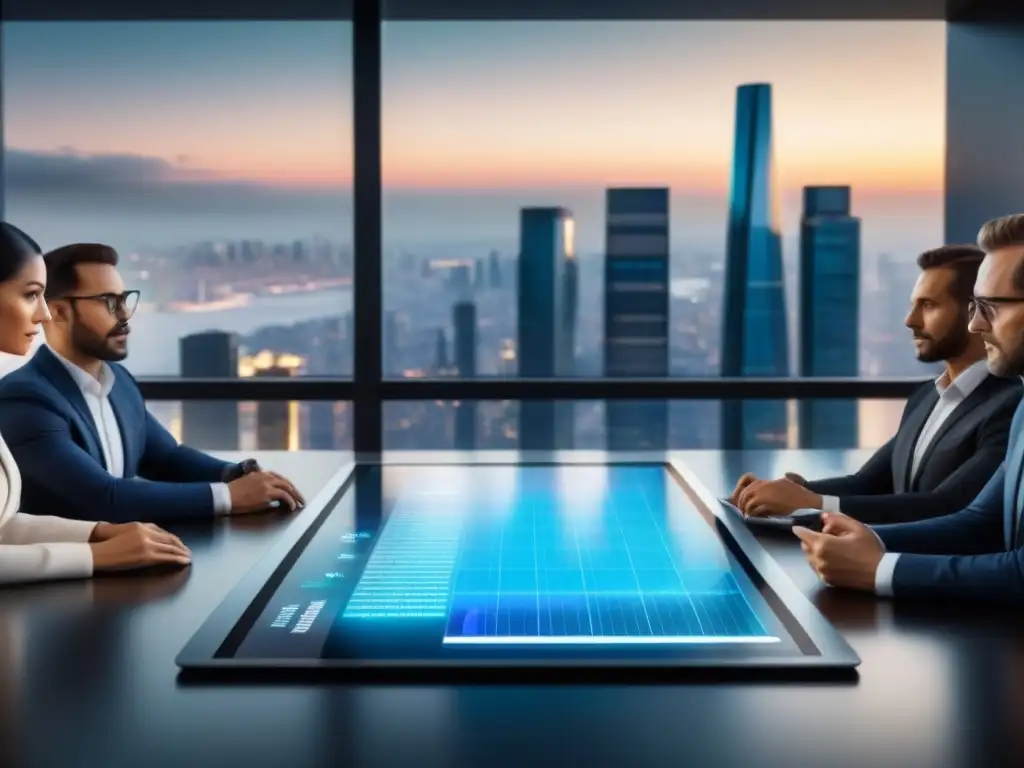 Inversionistas internacionales en mesa de conferencias futurista Un grupo diverso de inversores internacionales analiza gráficos de tasas hipotecarias en pantallas holográficas futuristas