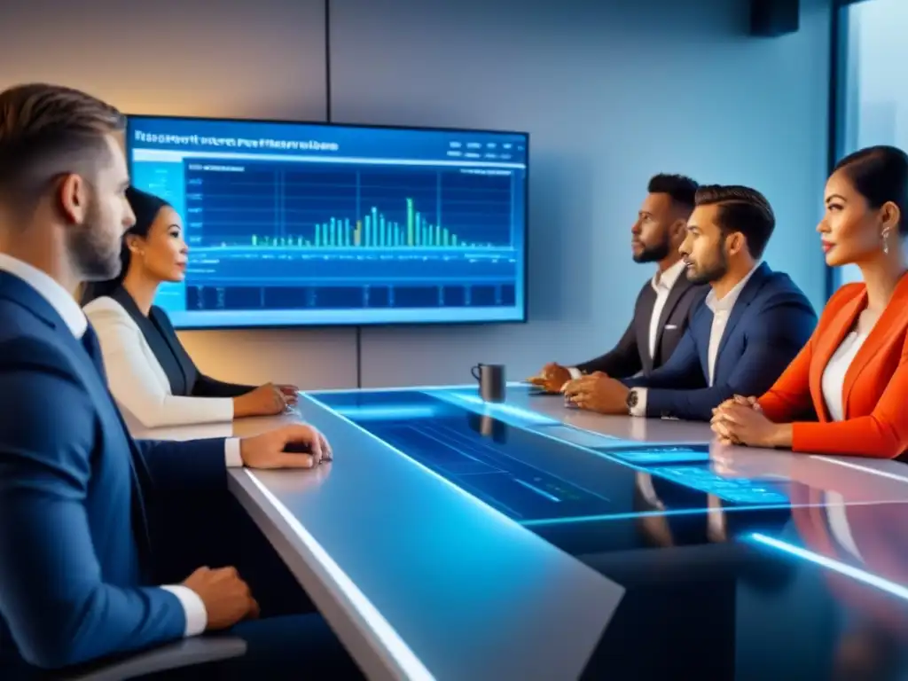Inversores analizan inversiones inmobiliarias en sala futurista Grupo diverso de inversores en una mesa futurista, con mentalidad de inversión inmobiliaria tomando decisiones estratégicas