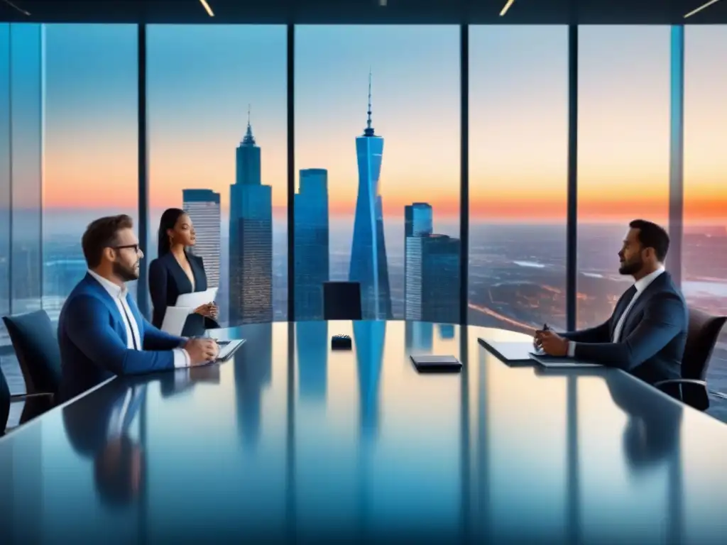 Inversores diversificados en mesa futurista Grupo diverso de inversores en moderna oficina con vista a la ciudad al atardecer