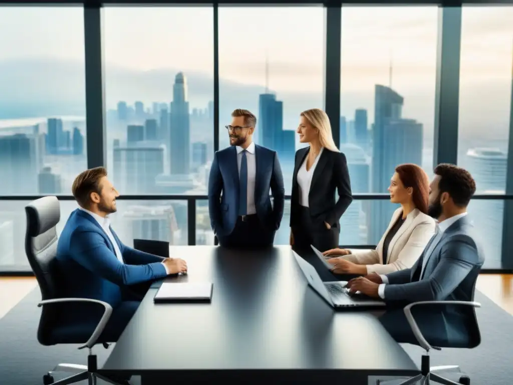 Inversionistas internacionales en mesa de negociaciones de lujo Un grupo diverso de inversores en una moderna sala de juntas, intercambiando ideas y estrategias para invertir en bienes raíces internacionales