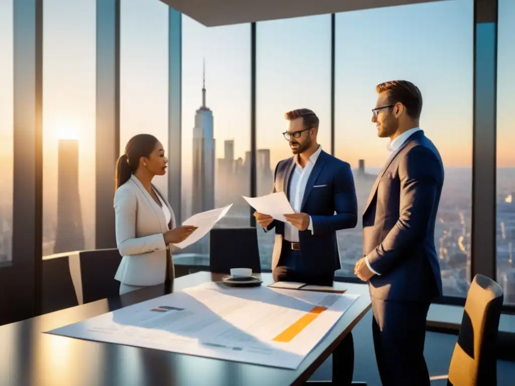 Inversores analizan planos y gráficos financieros en oficina moderna Grupo diverso de inversores discutiendo en una oficina moderna con vista a la ciudad