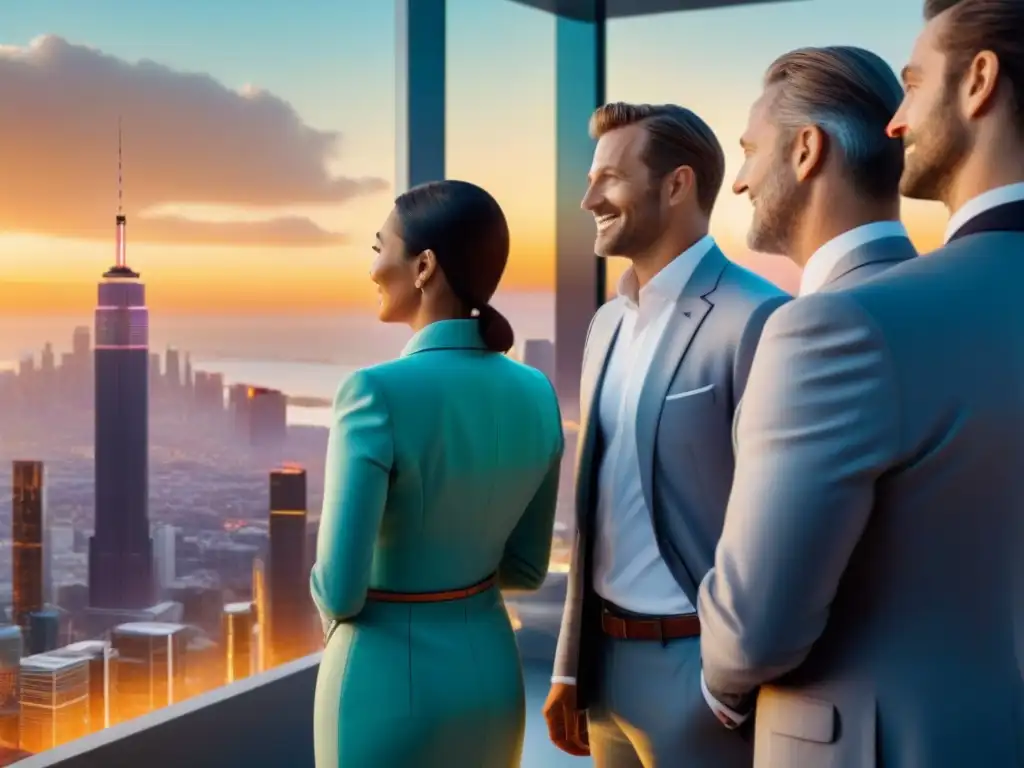 Inversores diversificados colaborando en proyecto inmobiliario futurista Grupo diverso de inversores sonriendo y planeando en oficina futurista con holograma, creando atmósfera inspiradora