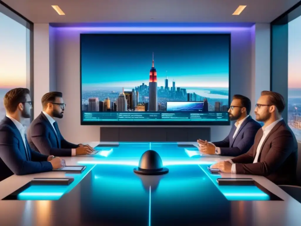 Inversores novatos exploran oportunidades de inversión en holograma Grupo diverso de inversores principiantes analizan oportunidades de salida tiempo compartido en moderna sala de juntas, vibrante y futurista