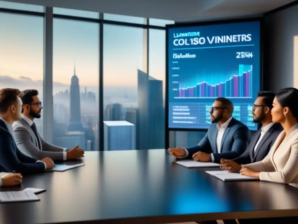 Inversores principiantes colaboran en estrategias financieras Un grupo diverso de inversores principiantes colabora en estrategias financieras en una sala de reuniones moderna, con gráficos proyectados