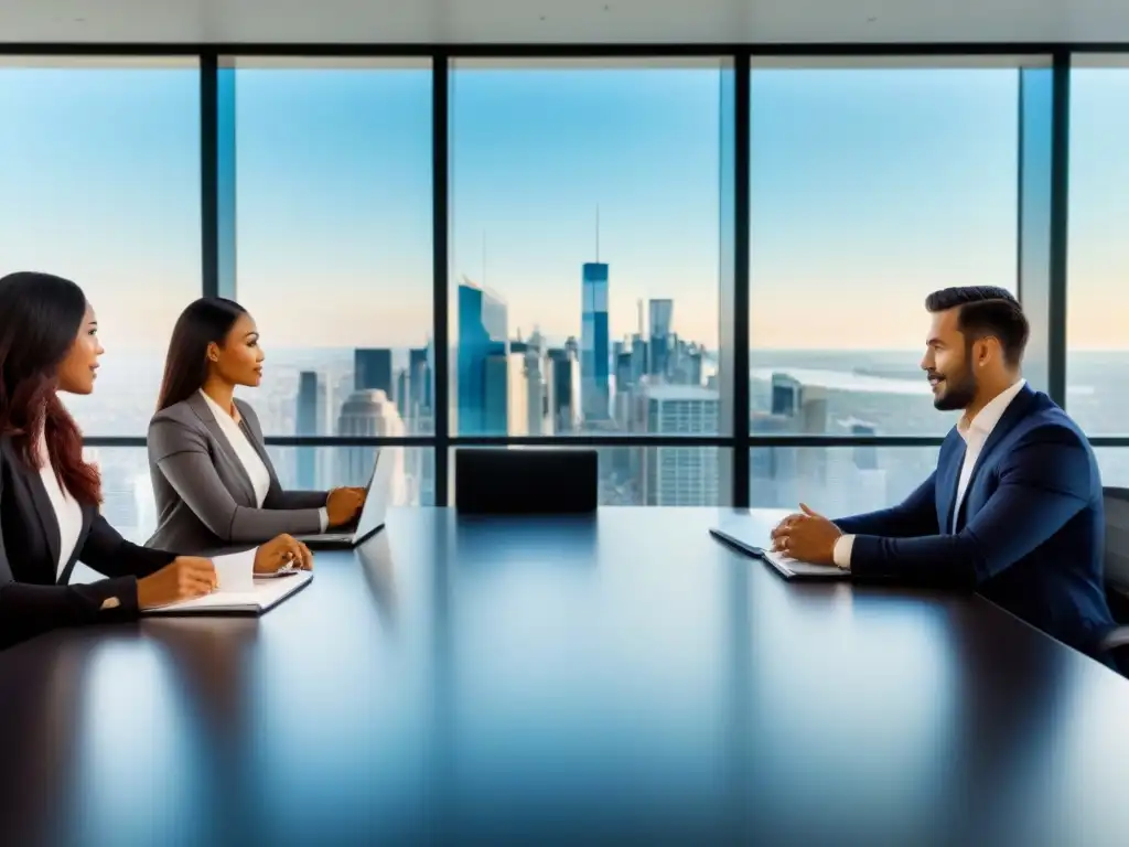 Inversores inmobiliarios: Estrategias globales en moderna oficina hightech Grupo diverso de inversores principiantes en una discusión animada sobre inversión inmobiliaria internacional en una oficina futurista de alto nivel