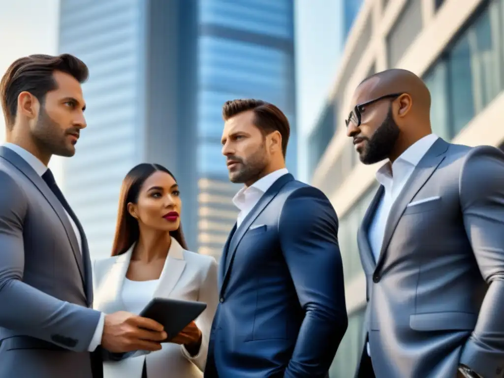Inversores profesionales en la ciudad financiera global Grupo diverso de inversores profesionales en trajes de negocios, discutiendo estrategias frente a un edificio moderno en un distrito financiero global