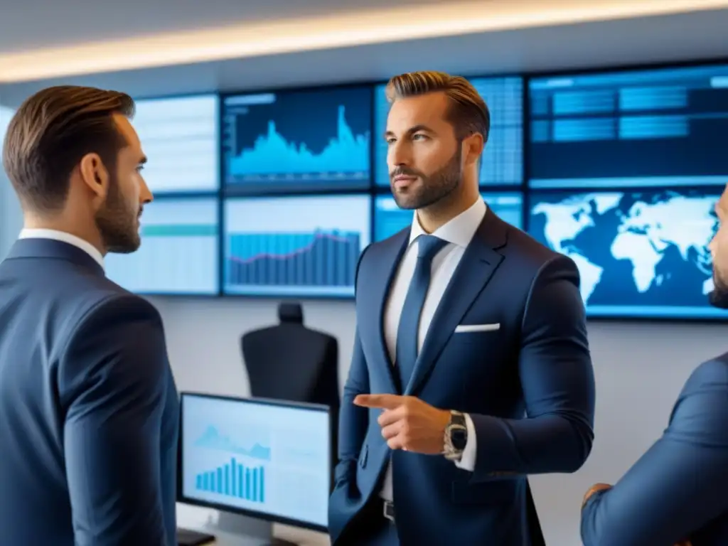 Inversores profesionales analizan mercado inmobiliario internacional en oficina vanguardista Un grupo diverso de inversores profesionales en una oficina moderna, rodeados de pantallas digitales con datos del mercado inmobiliario internacional
