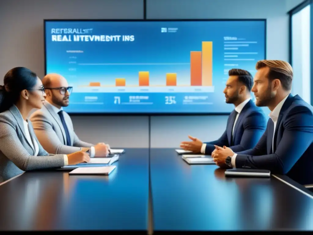 Reunión de inversores expertos en REITs: estrategias de alto nivel Un grupo diverso de inversores profesionales discuten oportunidades REITs mercado inmobiliario en una sala moderna y luminosa
