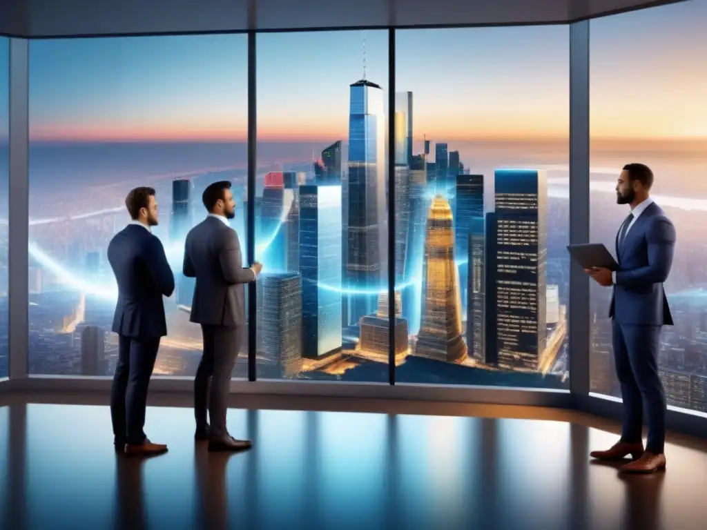 Inversionistas profesionales analizan mercado inmobiliario internacional Un grupo diverso de inversores profesionales analiza datos del mercado inmobiliario internacional con tecnología avanzada