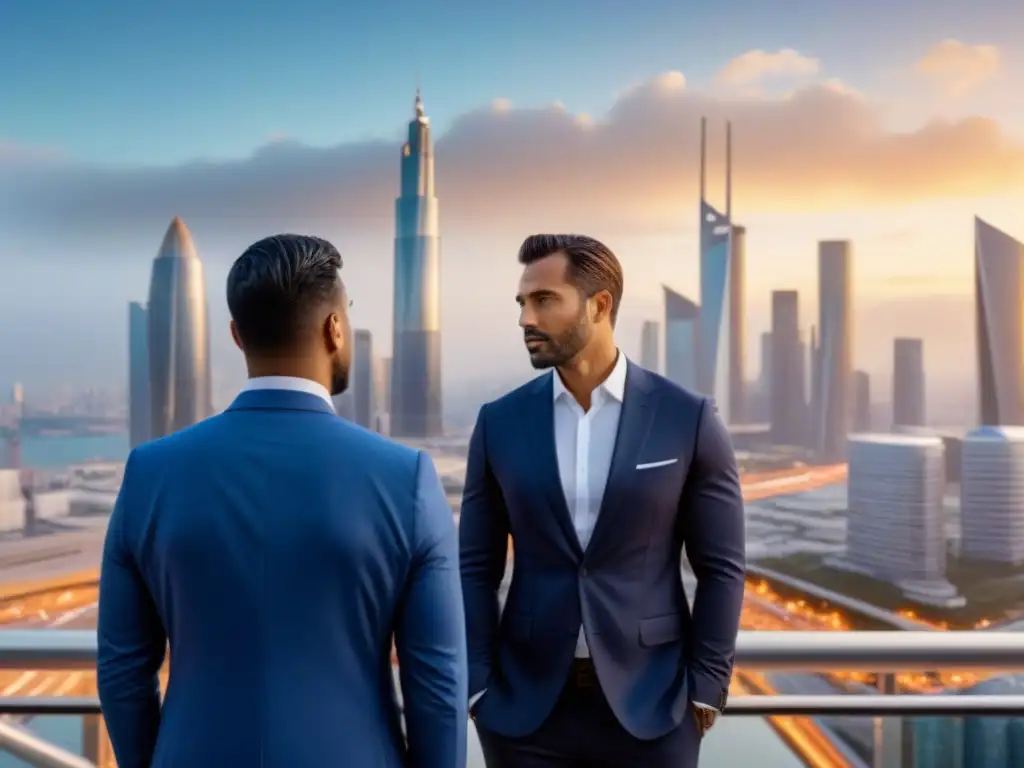 Inversionistas globales en skyline futurista Un grupo diverso de inversores profesionales discuten frente a un horizonte futurista, representando oportunidades globales de inversión